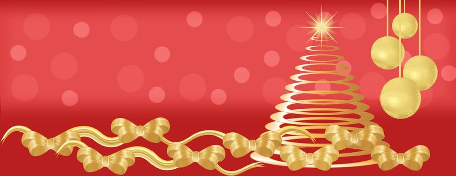 Red and gold christmas panorama background with decorations ribbons bows bauble balls and tree