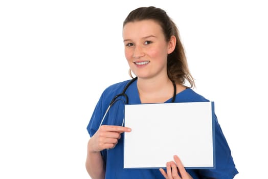 Young doctor points to white board