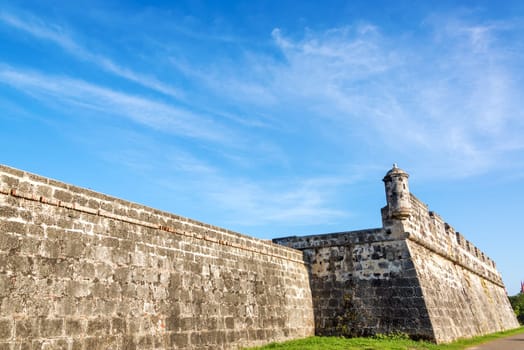 Section of the defensive wall that surrounds the old historic center of Cartagena, Colombia