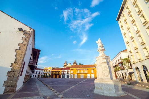The historic Plaza de la Aduana in the colonial center of Cartagena, Colombia