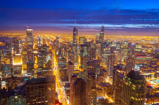 Night time view of downtown Chicago