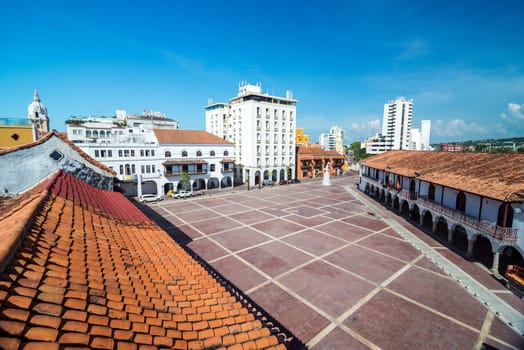 View from above the historic Plaza de la Aduana in Cartagena, Colombia