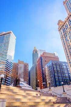 View of several buildings and skyscrapers in downtown Chicago