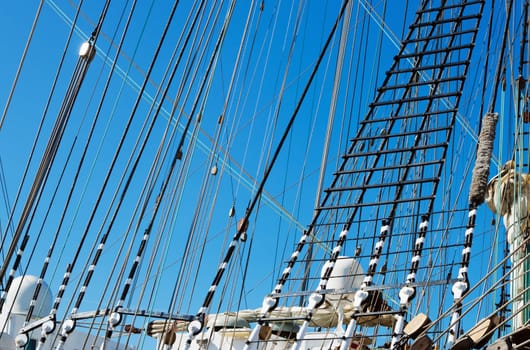 Blocks and rigging at the old sailboat, close-up