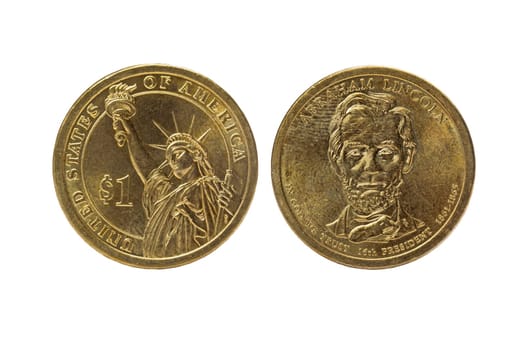 One US dollar obverse and reverse coin next to each other on the white background .