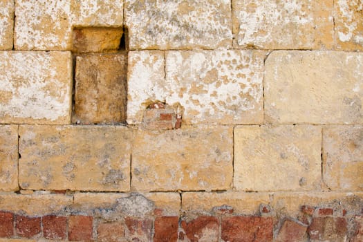 Old weathered wall with chips and remnants of paint.