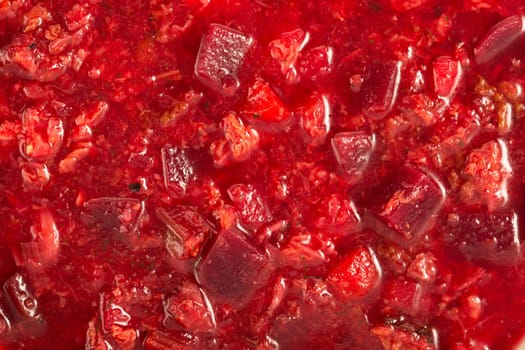 Food background, borscht soup close up