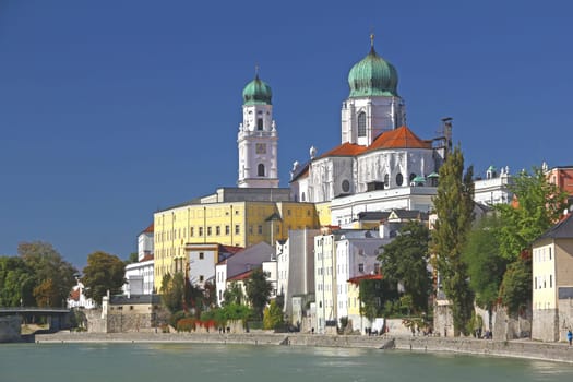 Passau at the confluence of the Inn,Danube and Ilz rivers,Innseite,Bavaria,Germany
