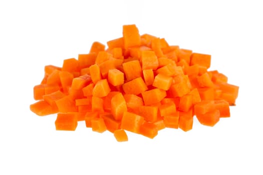 Chopped raw carrots isolated on white background.