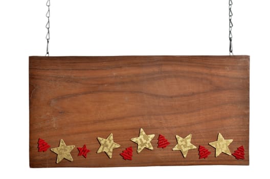 old wooden sign hangs chain