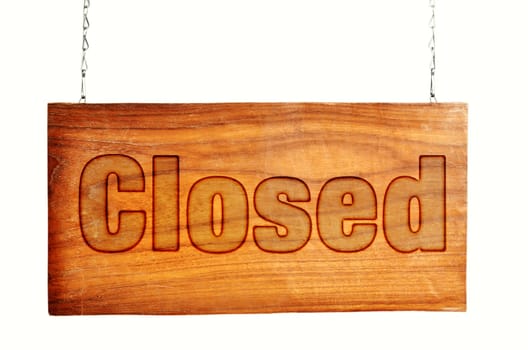 Closed old wooden sign hanging chain
