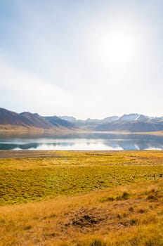 Icelandic landscape with volcanic rocks and green grass