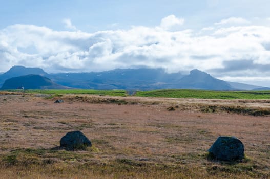 Icelandic landscape with volcanic rocks and green grass