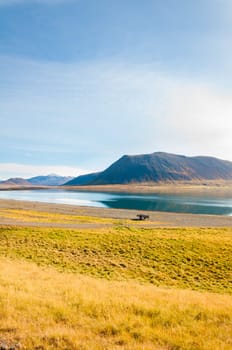 Icelandic landscape with volcanic rocks and green grass