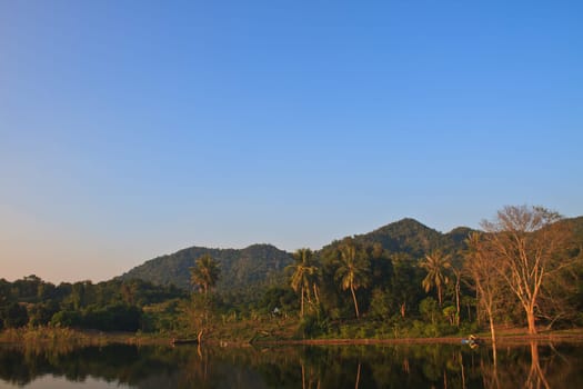 Beautiful mountains and river in morning at Phetchburi Province, Thailand