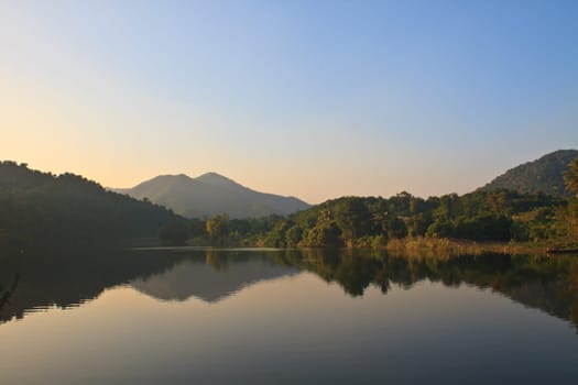 Beautiful mountains and river in morning at Phetchburi Province, Thailand