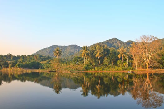 Beautiful mountains and river in morning at Phetchburi Province, Thailand