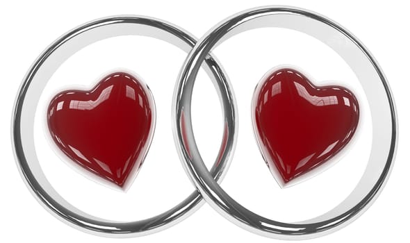 silver rings with two hearts with clipping path