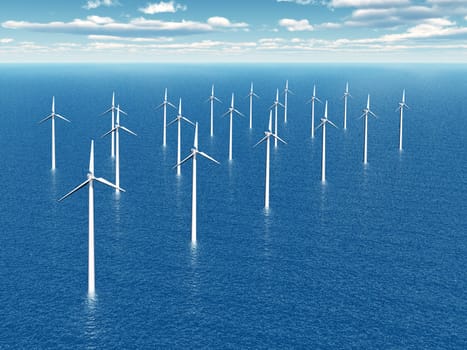 Computer-generated 3D illustration with a wind turbine in the sea