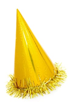 Golden party hat cone, isolated on a white background.