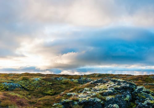 Icelandic landscape with volcanic rocks and green grass