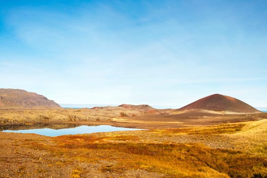 Icelandic landscape with volcanic rocks and green grass