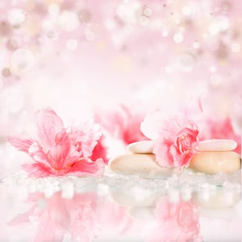 Spa stones and pink flower on abstract pink background