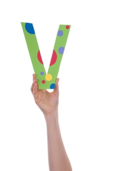 A Hand Holding a Colorful V, Isolated