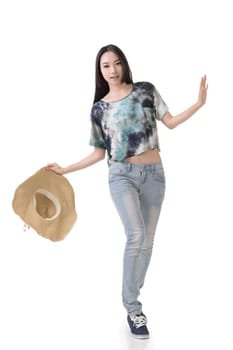 Asian beauty with hat, full length portrait isolated on white.