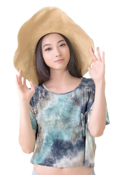 Glamour of Asian beauty with hat, closeup portrait.