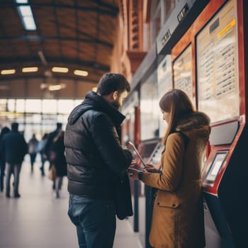 couple using ATM machine to withdraw her money. Close-up of hand entering PIN/pass code on ATM/bank machine keypad at subway station , AI Generated