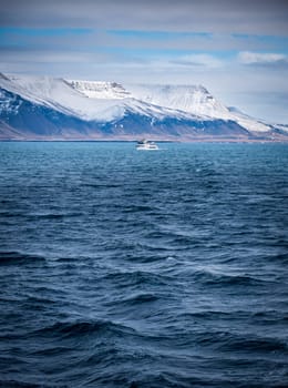 A large body of water with mountains in the background. Photo of a stunning landscape with mountains reflected in a calm body of water in Iceland