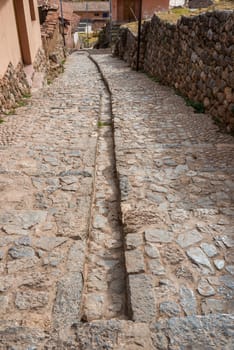 Chincheros town street in the peruvian Andes at Cuzco Peru