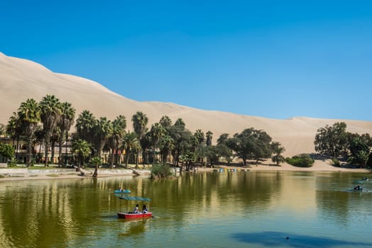 people run boats at Huacachina lagoon in the peruvian coast at Ica Peru