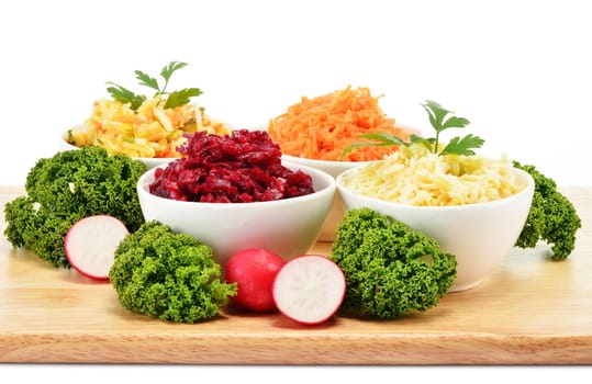 Composition with four vegetable salad bowls