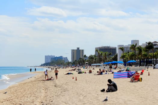 FORT LAUDERDALE, FLORIDA - MARCH 3, 2013: Many people and birds relaxing along the shore of the Atlantic beach near the end of Cortez Street along State Road A1A on a very sunny day in the winter.