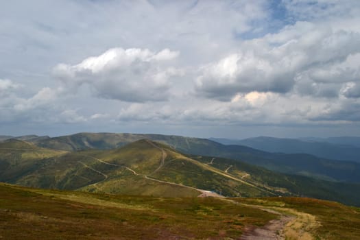 mountain, green, sky, cloud, footpath, eternity, nature, tranquil