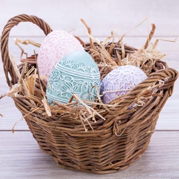 Bright delicate decorated eggs for Easter festive with flower object details spring