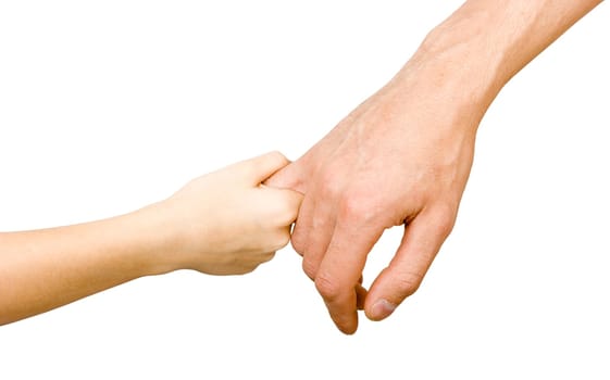 Man's hand holding a child's hand. white background