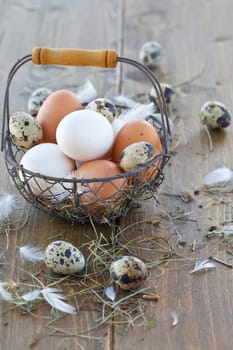 Vintage wire basket with various raw eggs for Easter