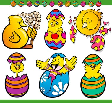 Cartoon Illustration of Happy Easter Themes with Chicken or Chicks and Paschal Eggs