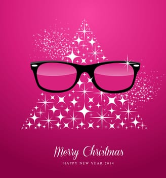 Merry Christmas and Happy New Year 2014 hipster glasses over stars tree composition card. EPS10 vector file organized in layers for easy editing.
