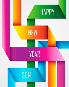 Happy new year 2014 holidays trendy colorful ribbon greeting card design. EPS10 vector file with transparency layers.