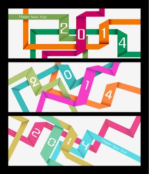 Happy new year 2014 holidays abstract colors ribbons web banner. EPS10 vector file with transparency layers.