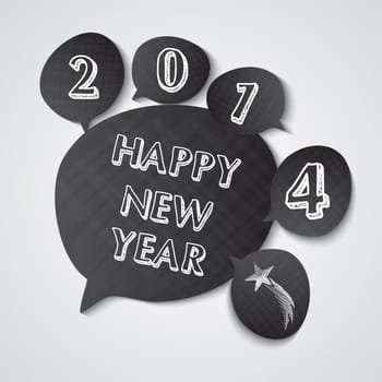 Happy new year 2014 hand drawn chalcoal speech bubbles greeting card design. EPS10 vector file organized in layers for easy editing.