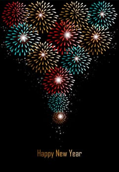 Happy new year holidays fireworks greeting card background. EPS10 illustration organized in layers for easy editing.