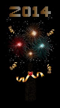 Happy new year 2014 holidays champagne bottle with fireworks sparkles greeting card background. EPS10 illustration organized in layers for easy editing.