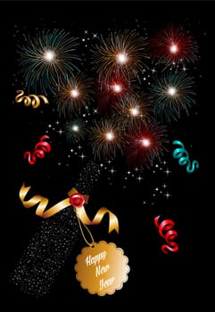 Happy new year 2014 holidays champagne bottle with fireworks sparkles greeting card background. EPS10 illustration organized in layers for easy editing.