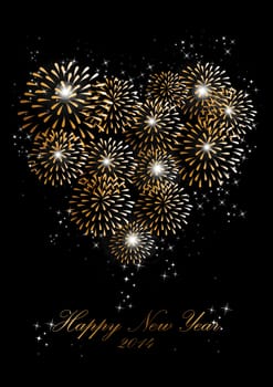 Happy new year 2014 holidays heart love fireworks greeting card background. EPS10 illustration organized in layers for easy editing.