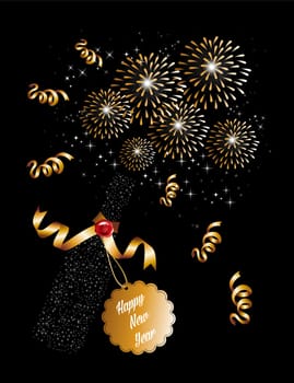 Happy new year 2014 holidays champagne bottle with fireworks sparkles greeting card background. EPS10 illustration organized in layers for easy editing.
